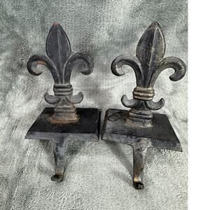 Cast Iron Fleur de Lis Mantel Hook Set of 2 Stocking Holder Shelf Decor French